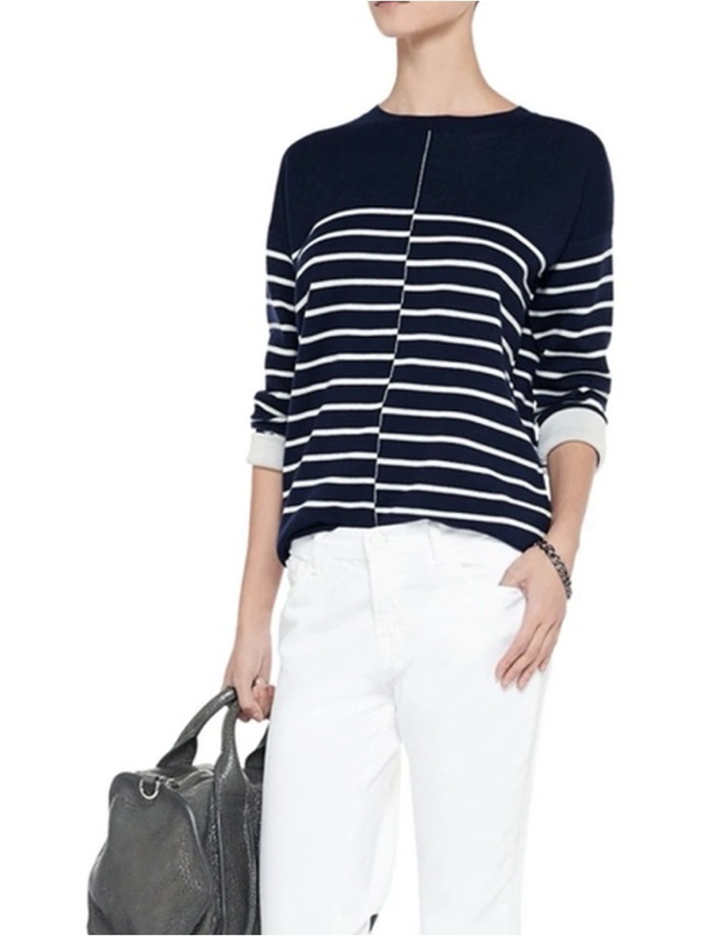 Vince Breton Stripe Double Faced Sweater Navy Ivory Wool Blend Size S